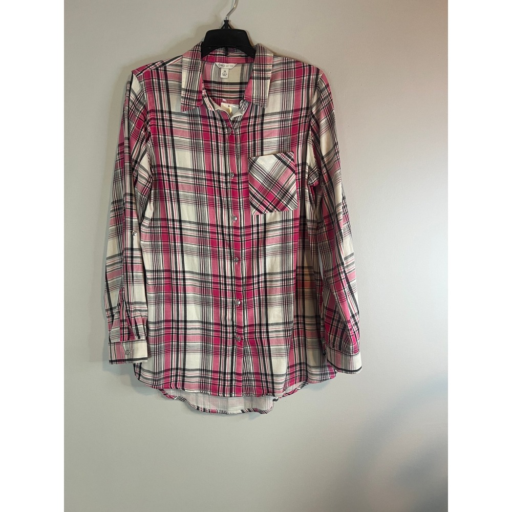 Cato Womens Pink Black Plaid Roll Tab Long Sleeve Button Down Shirt Medium